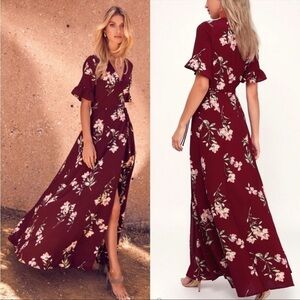 Lulus September Sunsets Burgundy Floral Print Wrap Maxi Dress